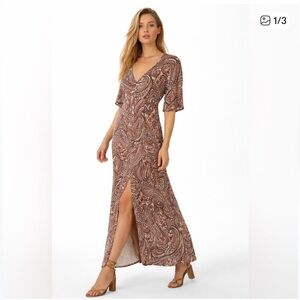 Lovestitch | Brown Paisley Maxi Dress • Boho V-Neck Slit • Flowy Sleeve